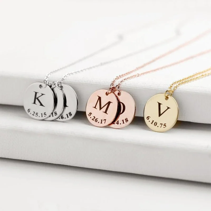 Minimalist and Personalized Round Letter Initial and Date Pendant Necklace