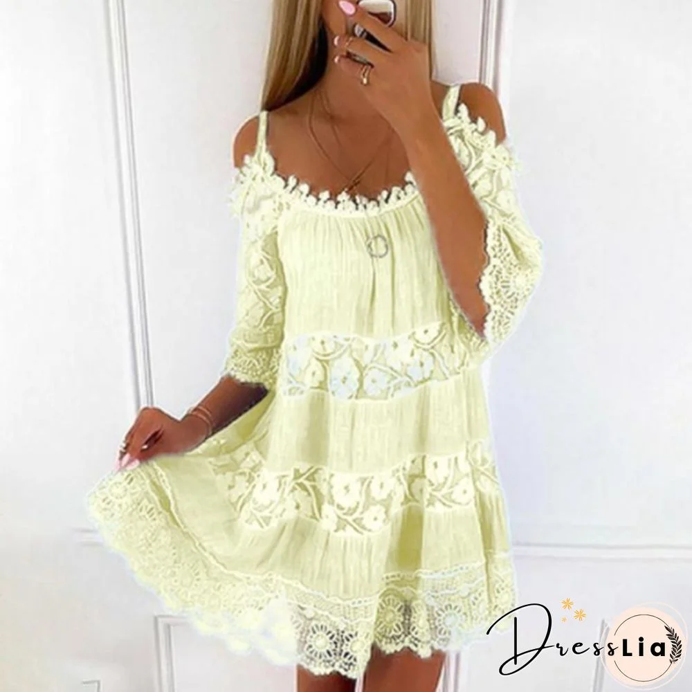 Elegant Embroidered Mini Dress Summer Women Fashion Half Sleeve O Neck Strap Off Shoulder Dress Casual Loose Solid Ladies Dress