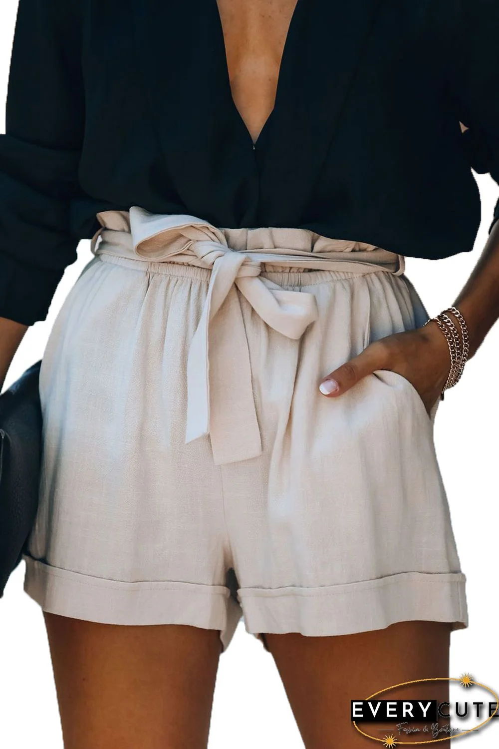 Apricot Cotton Pocketed Paper Bag Waist Shorts