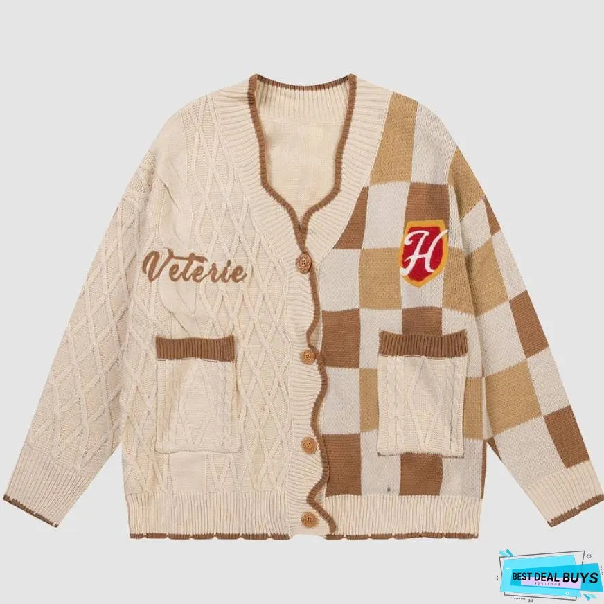 Check Pattern Patchwork Pockets Cardigan Sweater