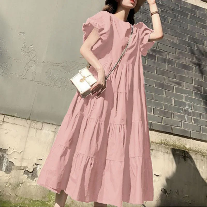 Women Summer Sundress Vintage Short Puff Sleeve Dress ZANZEA Fashion Party Long Vestidos Solid Kaftan Dresses Baggy Robe Femme