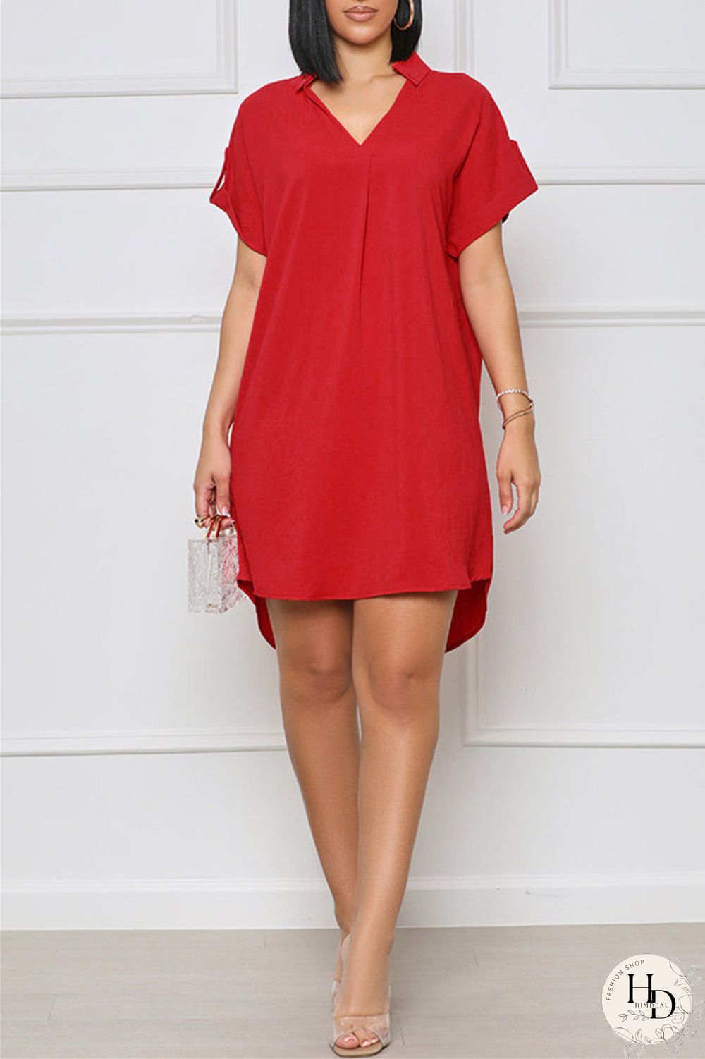 White Fashion Casual Solid Patchwork V Neck Short Sleeve Dress