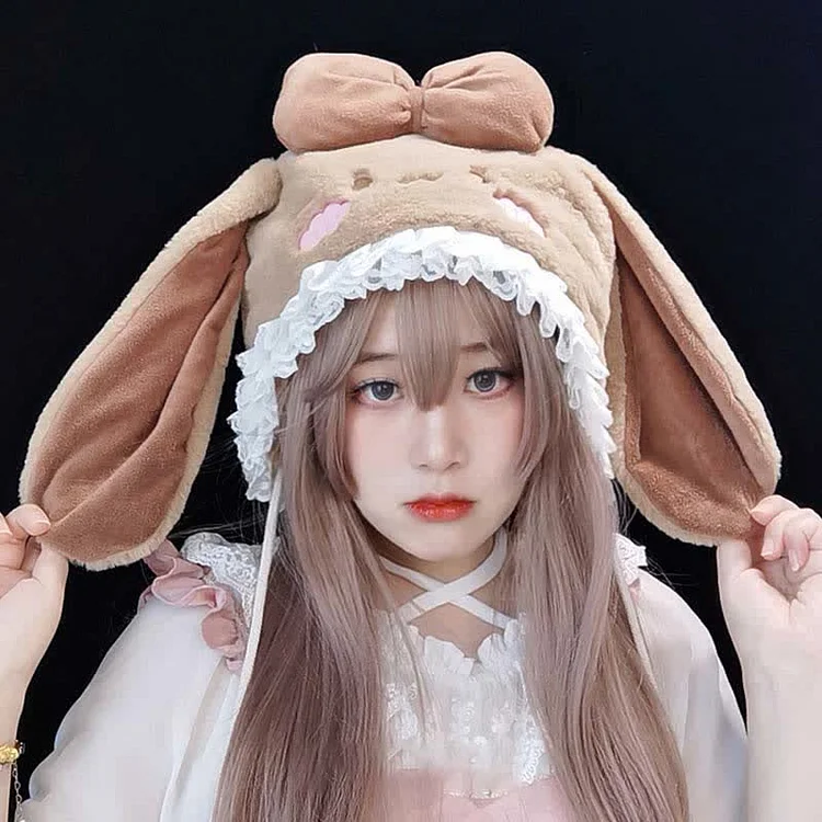 Bowknot Decor Lolita Bunny Ears Plush Hat  - Modakawa modakawa