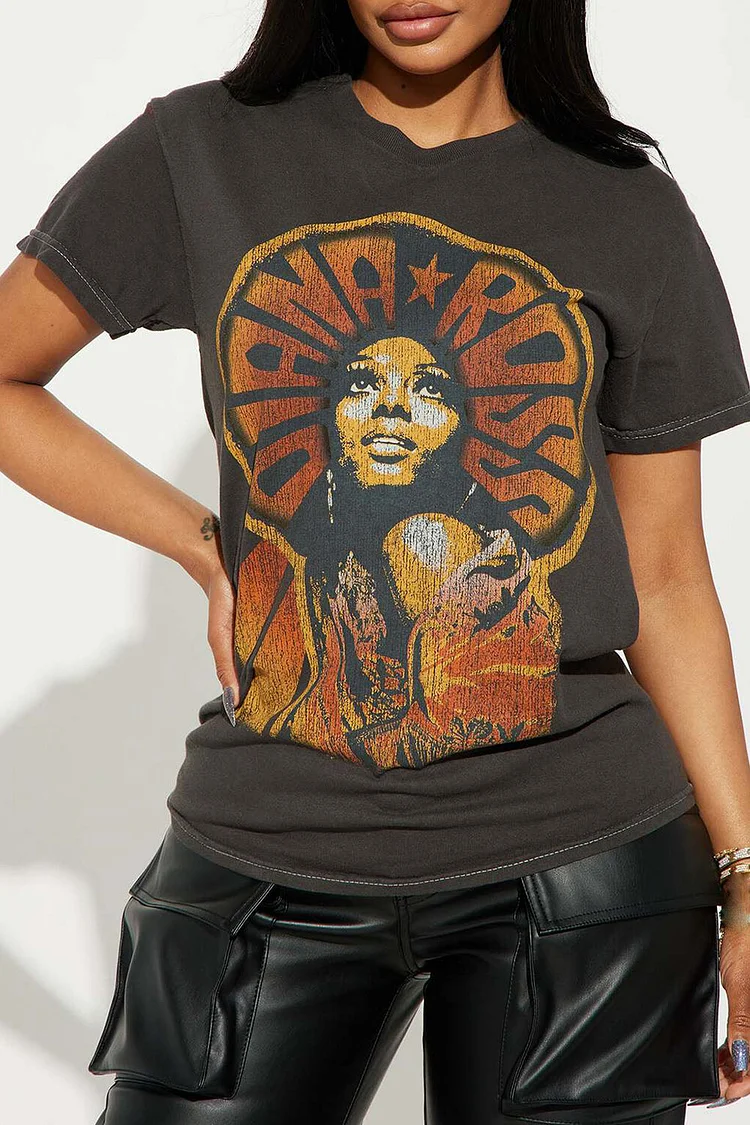 Portrait Print Round Neck Short Sleeve Casual T-shirt-Grey