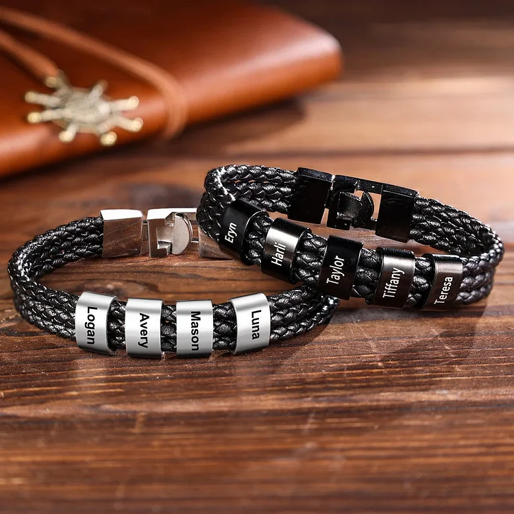 Personalized Braided Leather Bracelet Engraved Custom Names Men's Bracelet Gifts For Him