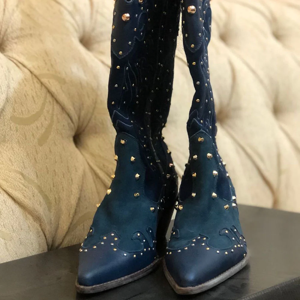 Navy Patchwork Pointed Toe Studs Embellished Cowboy Boots for Women