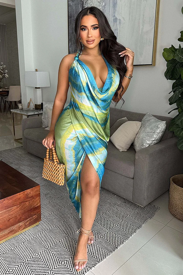 Dyeing Print Cowl Neckline Beady Halter Slit Midi Dresses-Green