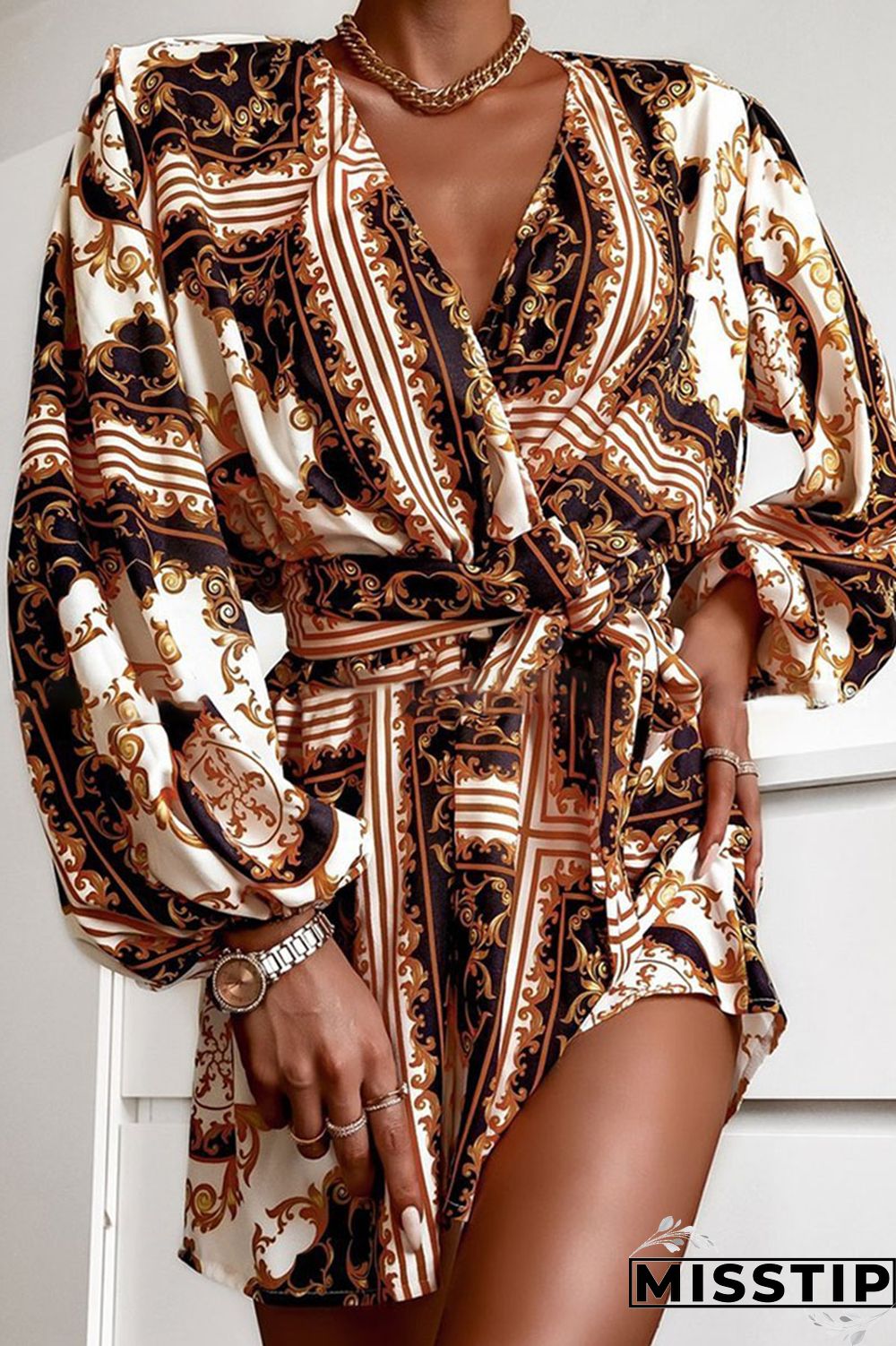 Brown Vintage Print Bandage Patchwork V Neck Shirt Dress Dresses