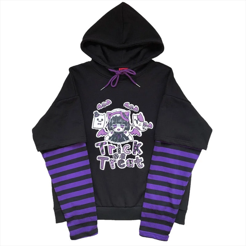 Anime Hoodies Women Cartoon Long Striped Sleeve Hip Hop Harajuku Pullover Autumn Winter Kawaii Loose Vintage Hooded Sweatshirt