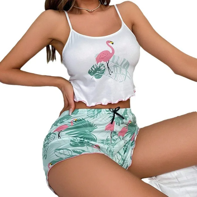 Brownm New Multi-Color Printed Milk Silk Casual Home Clothes Shorts With Two-Piece Pajamas