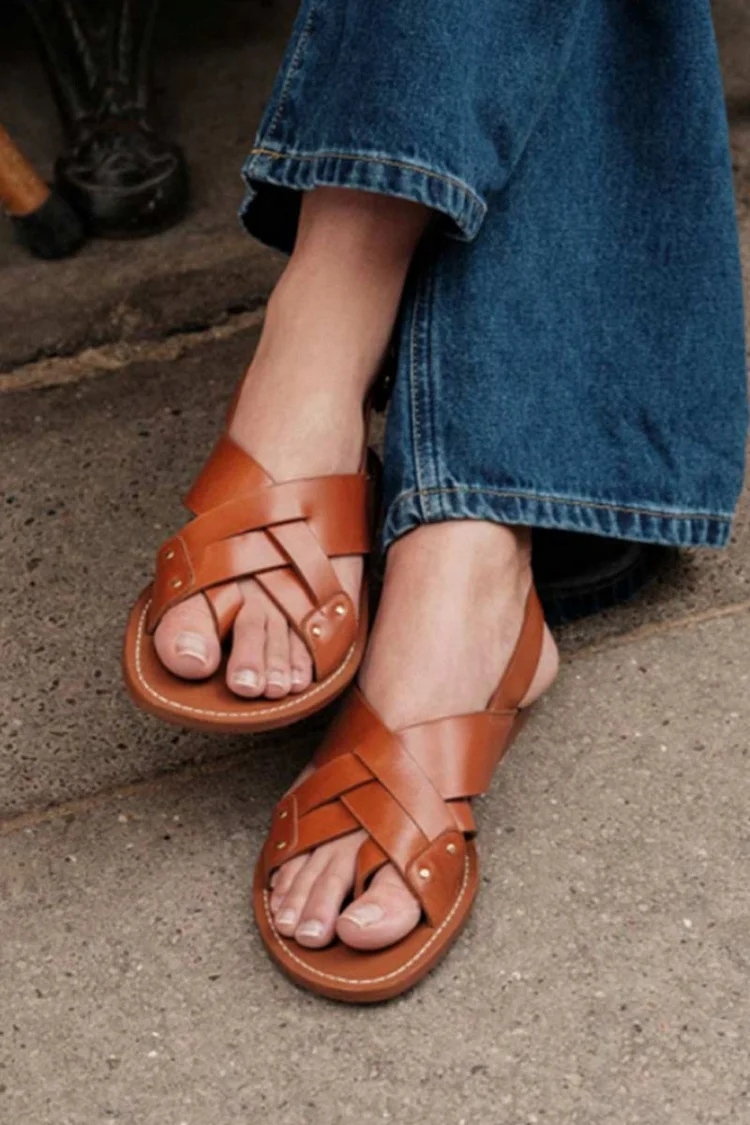 Woven Straps Solid Color Slingback Brown Sandals [Pre Order]
