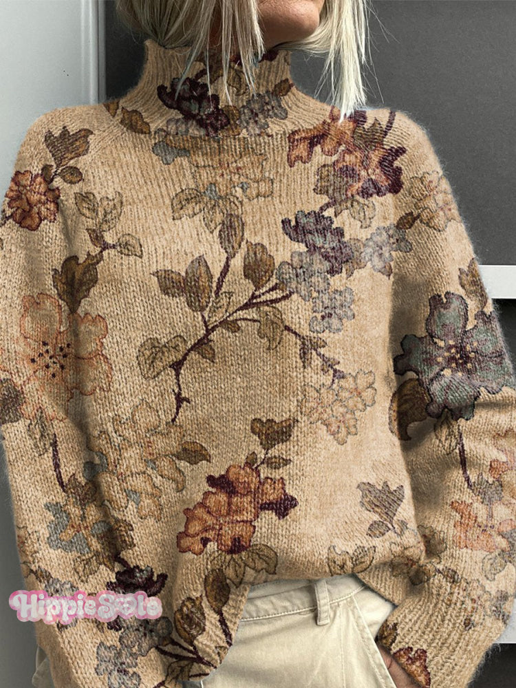 Retro Floral Pattern Print Knit Turtleneck Pullover Sweater Multicolor / S