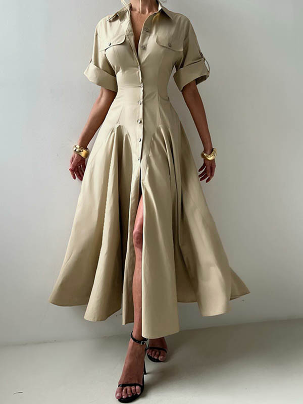 Short Sleeves Buttoned Solid Color Lapel Maxi Dresses Shirt Dress LIGHT KHAKI-S