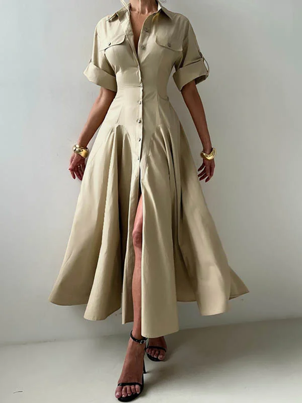 Short Sleeves Buttoned Solid Color Lapel Maxi Dresses Shirt Dress