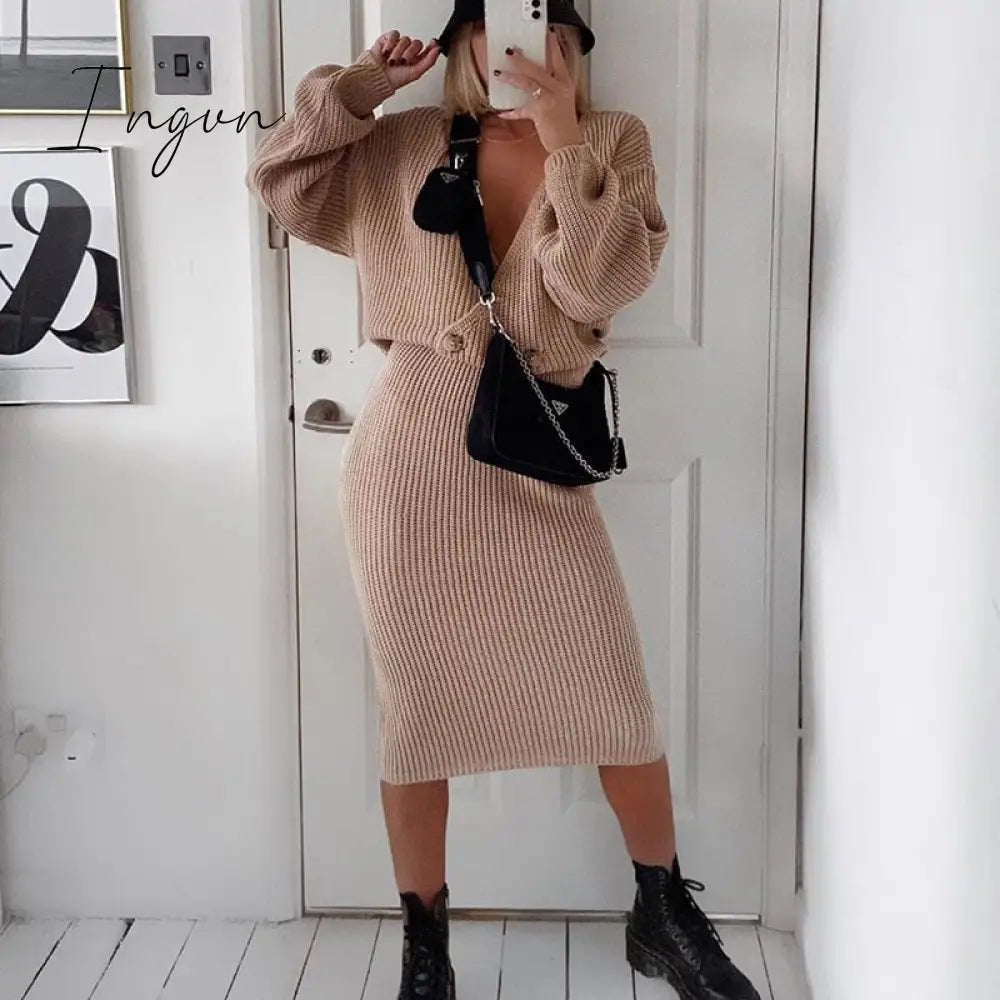 Ingvn - Sexy V - Neck Women Knitted Skirt Suits Autumn Winter Batwing Sleeve 2 Pieces Elegant Party