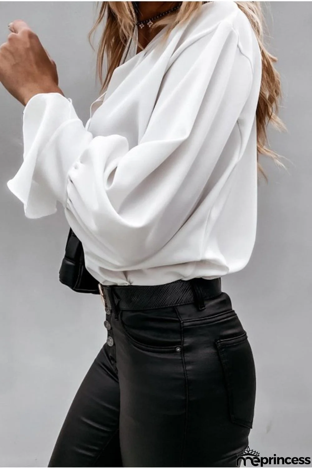 V Neck Long Puff Sleeve Shirt