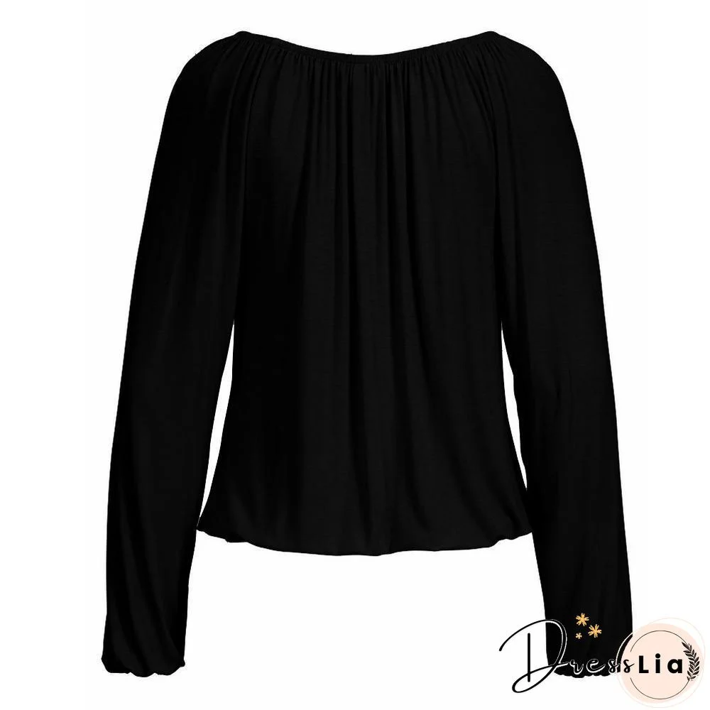 Women Solid Color V Neck Solid Tops Bowknot Long Sleeve Shirt Loose Comfort Blouse