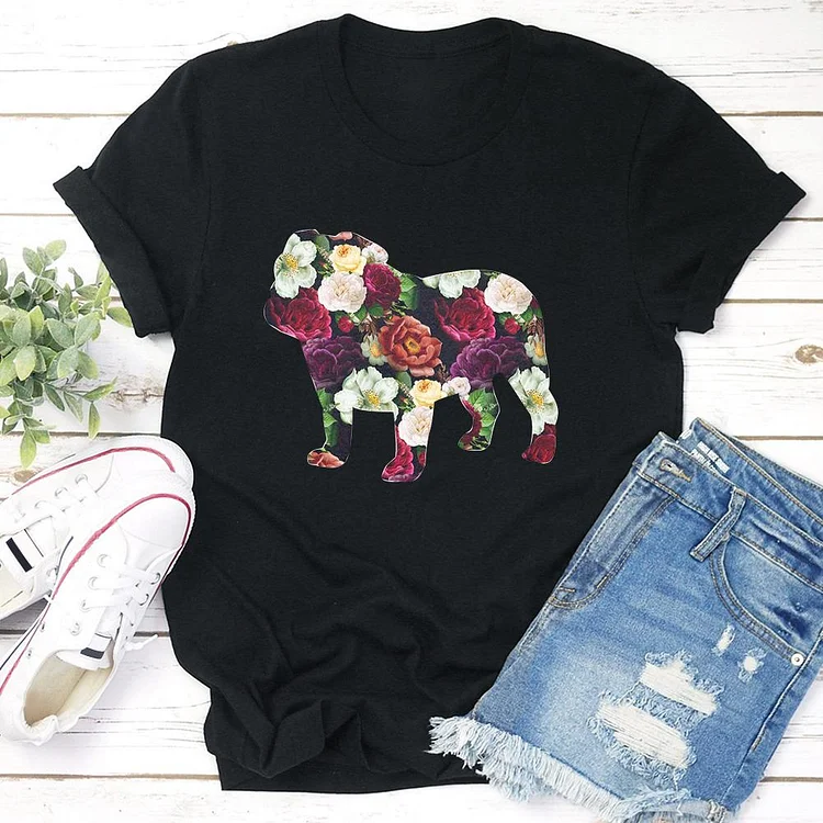 Bulldog Flower T-shirt Tee - 01725-Annaletters