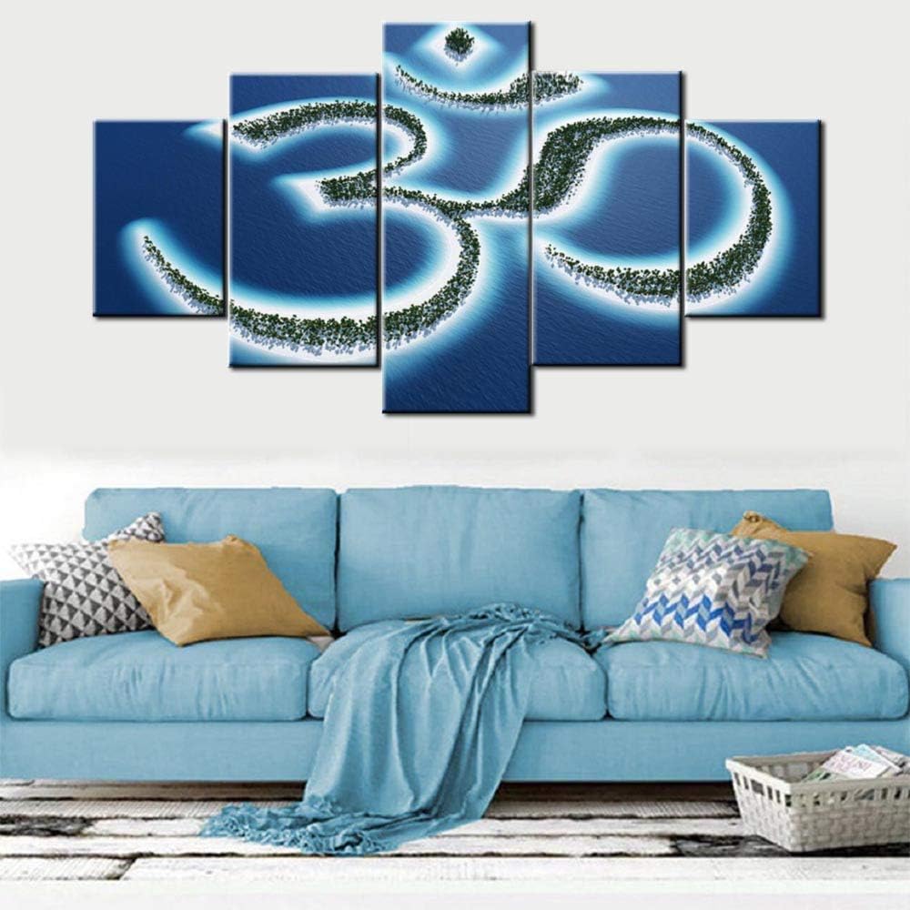 Wall Pictures for Living Room Aum Sanskrit Paintings Indian Om Symbol Artwork Giclee 5 Panel Canvas Brahman in Hinduism Wall Art Modern Home Decor Framed Ready to Hang Posters and Prints(60''Wx32''H) 60WX32H