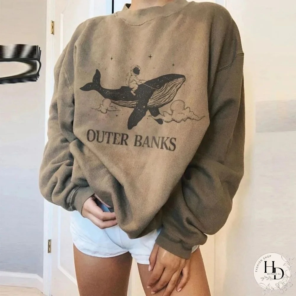 Vintage Casual Long-Sleeved Whale Print Sweatshirt