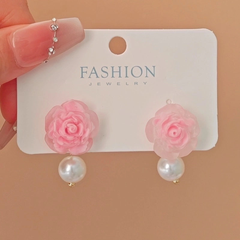 3 Pieces Sweet Heart Shape Rose Flower Inlay Imitation Pearl Alloy Rhinestones Earrings
