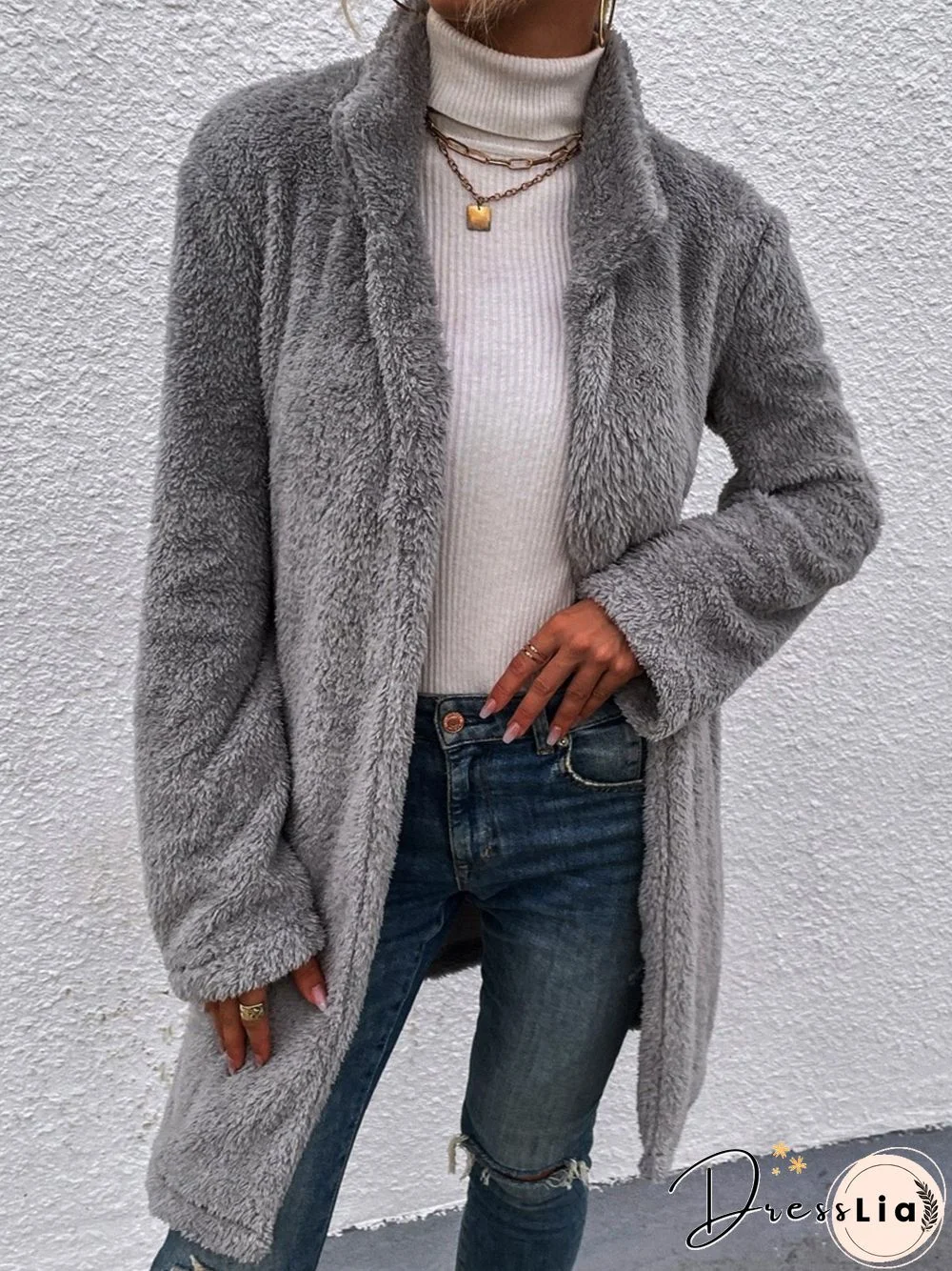 Plain Long Sleeve Plus Size Casual Plush Coat