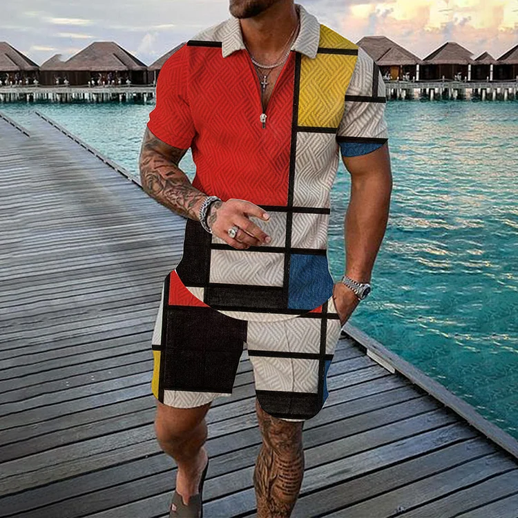 BrosWear Color Block Contrast Stripes Print Short Sleeve Polo Shirt And Shorts Co-Ord