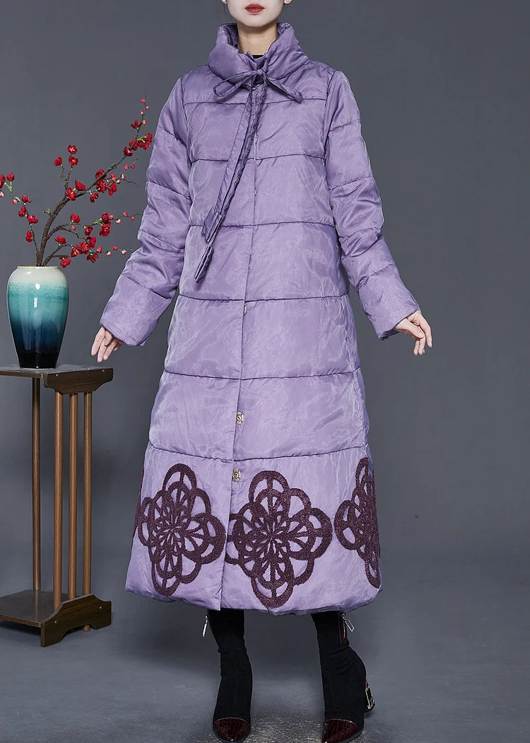 Elegant Purple Embroideried Duck Down Down Coat Winter