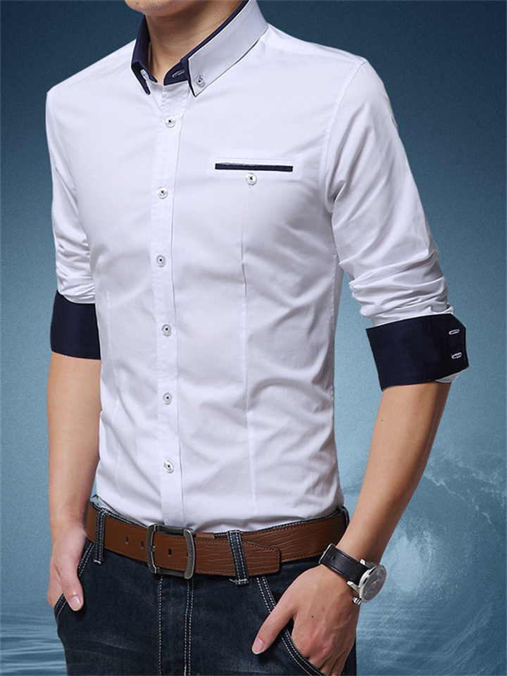 Men's Dress Shirt White Pink Navy Blue Long Sleeve Plain Turndown Spring & Fall Wedding Going out Clothing Apparel