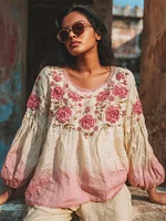 Vintage Rose Romantic Embroidery Women's Linen Loose Shirt