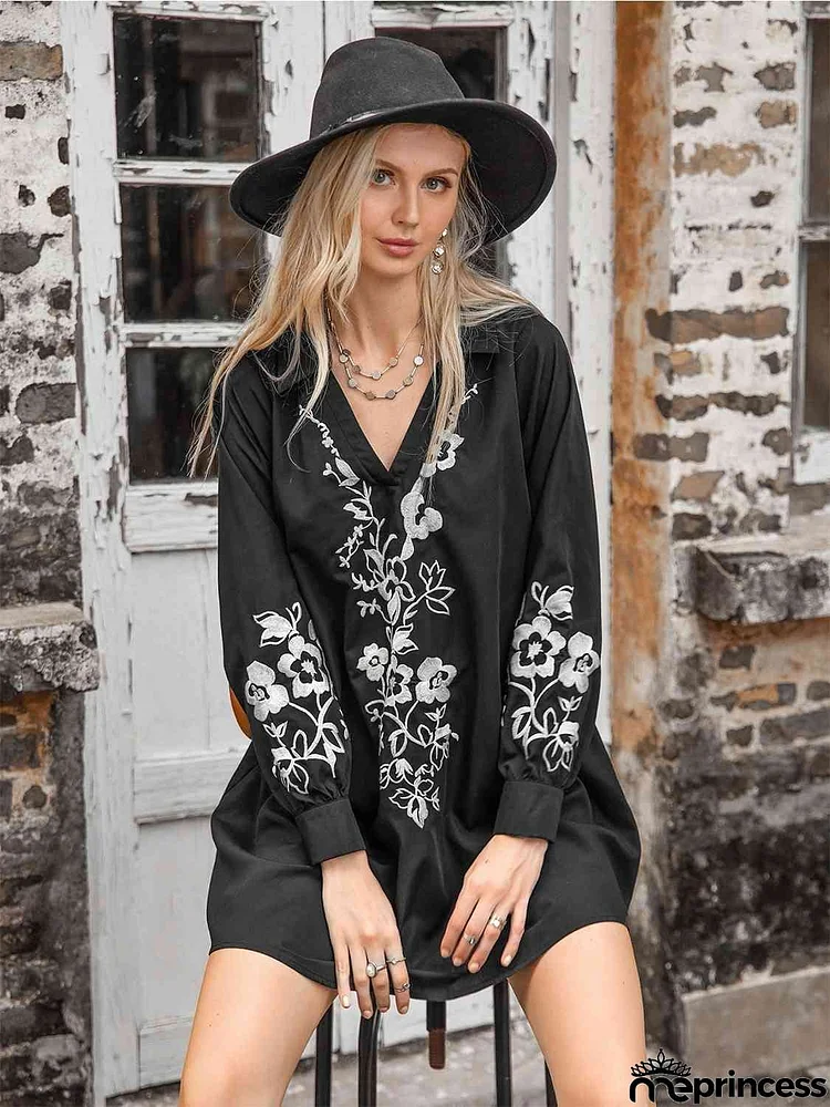 Floral Collared Neck Long Sleeve Dress