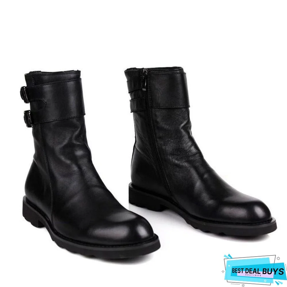 Buckle Design Mens Punk Motorcycle Boots Luxury Genuine Leather Flats Shoes Male High Top Casual Zip Boots