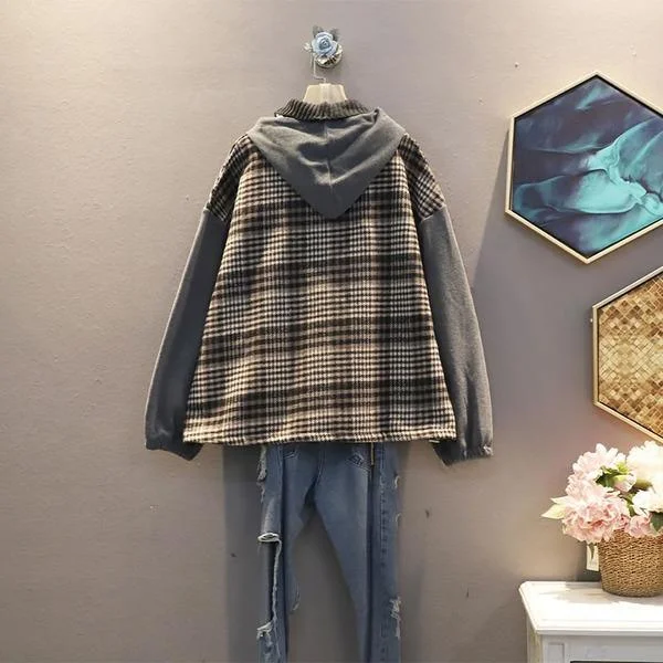 Splicing Plaid Sweatshirt Winter New False Tow Pieces Hooded Double Layer Collar Street Fashion Style Women