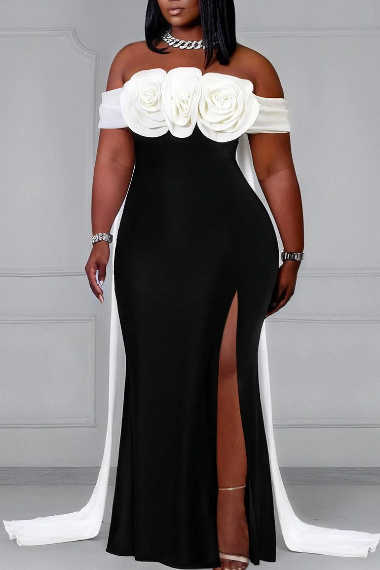 Xpluswear Design Plus Size Prom Black Elegant Off The Shoulder 3D Split Maxi Dresses [Pre-Order]