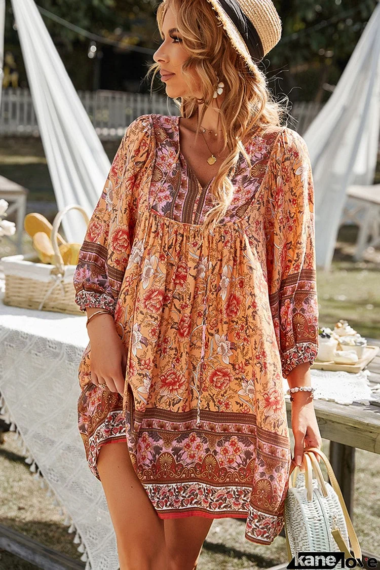 Bohemian Tie Neck Balloon Sleeve Dress