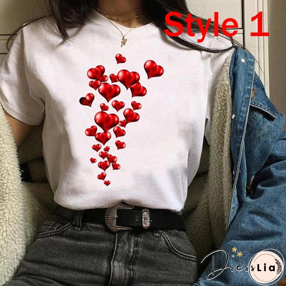 Women Clothes Lady Tees Graphic Printing Love Heart Sweet Valentine Cute Fashion Tops Female T Shirt Womens T-Shirt