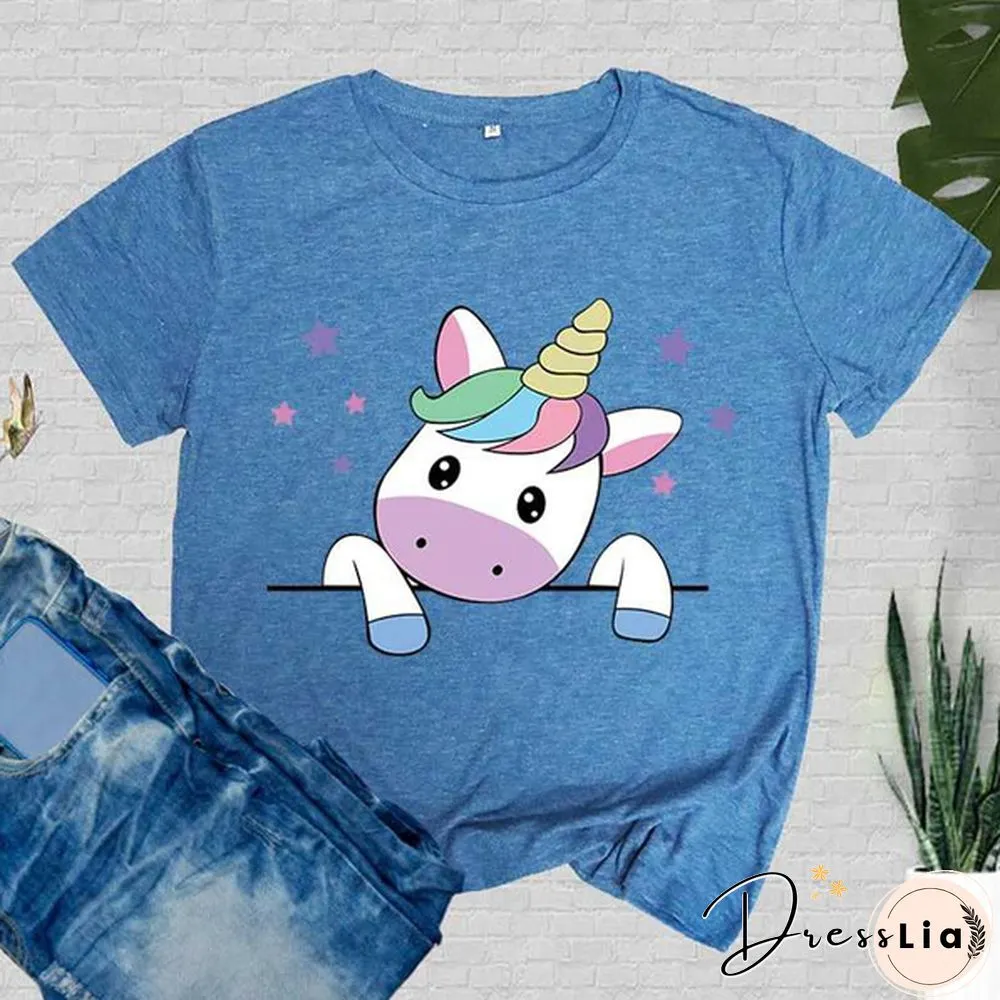 Women T-Shirt Unicorn Print Short Sleeve Casual Tee Round Neck Tops