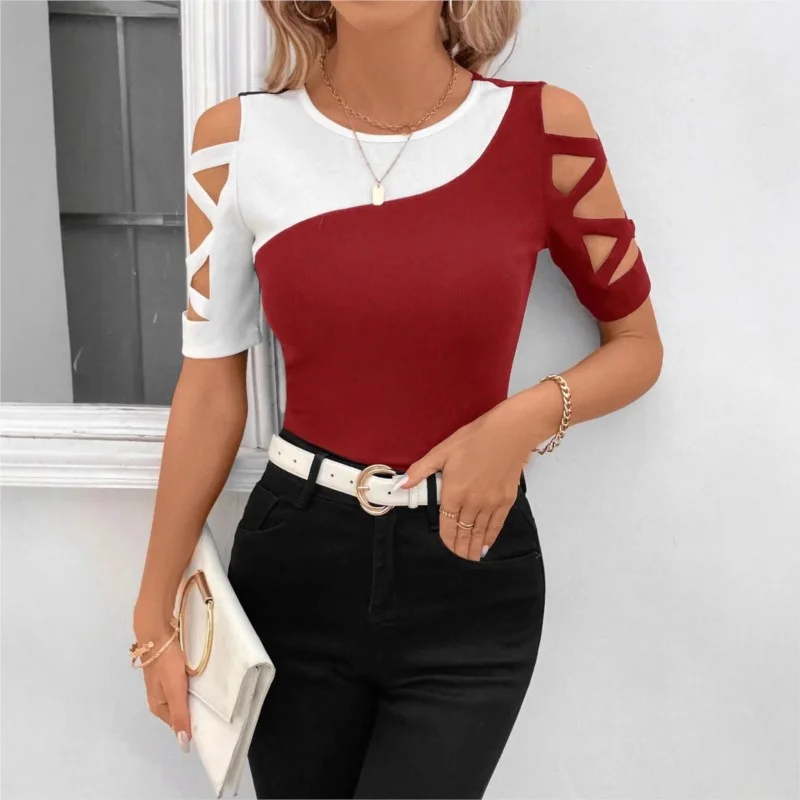 Women's New Design Contrast Color Block Cross Off Shoulder Slim Short Sleeve T-shirt Blouses