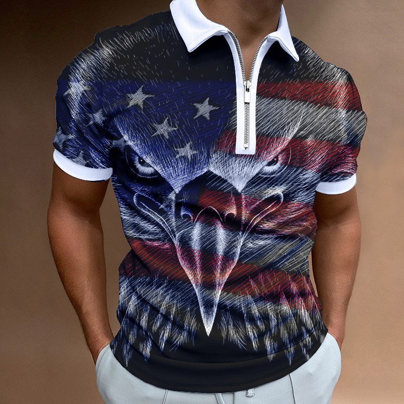 Men's Independence Day printed short sleeved zippered polo shirt PLUSCLOTHESMAN