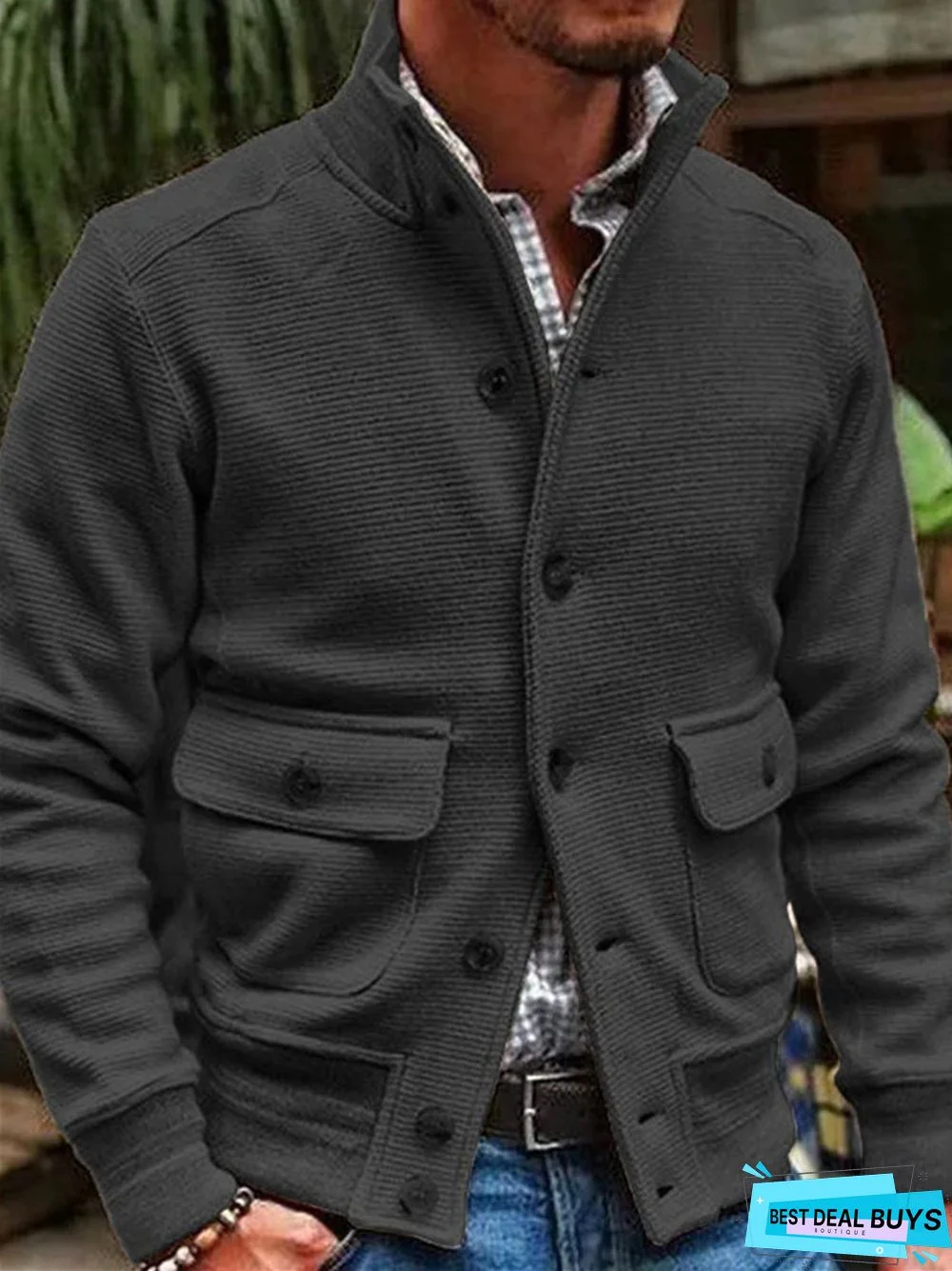 Men's Stand Collar Solid Color Casual Jacket