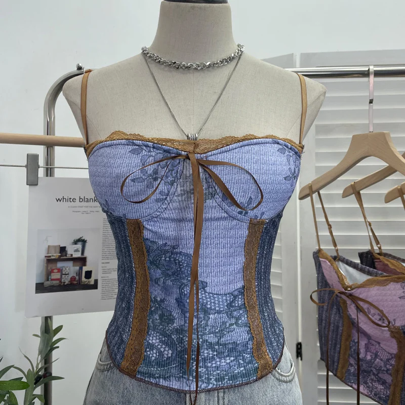 Uveng Vintage Ink Painting Niche Hottie Sling Vest With Chest Cushion Short Tie Tector-Meared Blouse Woman 8821