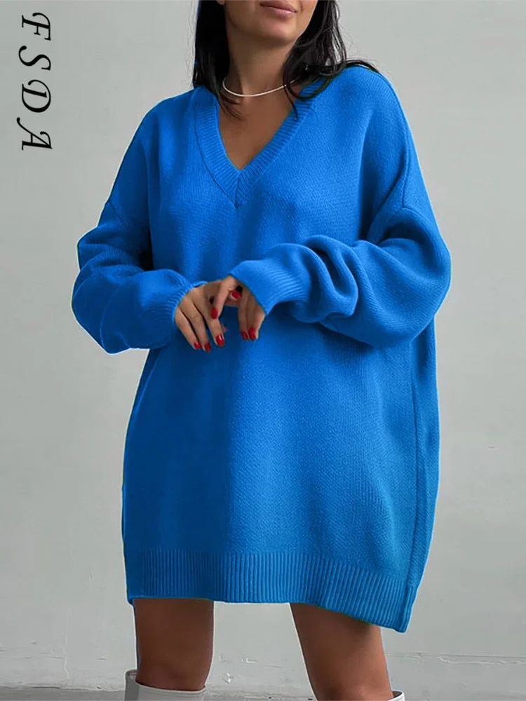 FSDA Y2K Knitted Women Pullover Green V Neck Long Sleeve 2021 Loose Casual Sweater Dress Autumn Winter Oversized Top
