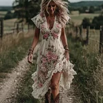 Women's Vintage Pink Rose Art V Neck Maxi Dress - Image 2