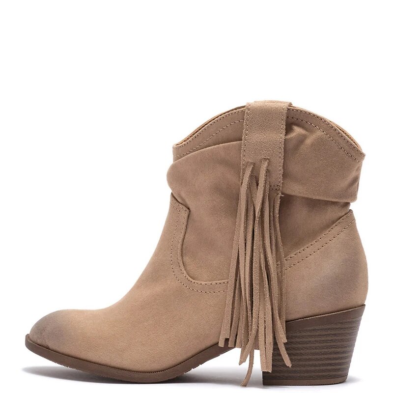 TAAFO Brown Woman Ankle Boots High Chunky Heels Round Toe Booties Ladies Fringe Shoes