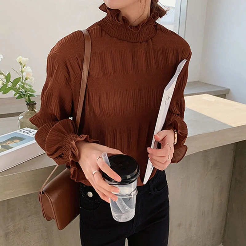 2021 Spring New Pleated Women Shirts Fashion Office Lady Chiffon Blouse Women Stand Collar Flare Sleeve Solid Female Tops 9542