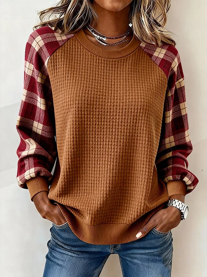 Women's Casual Crew Neck Plaid Patchwork Sweatshirt 