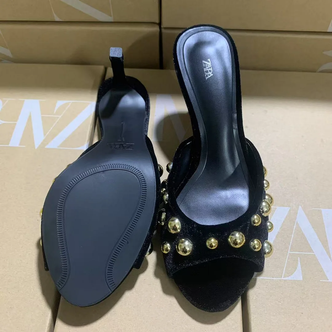 Breakj Breakj Spring New Rivet Slippers Black Women Wear Round-Headed High-Heeled Shoes