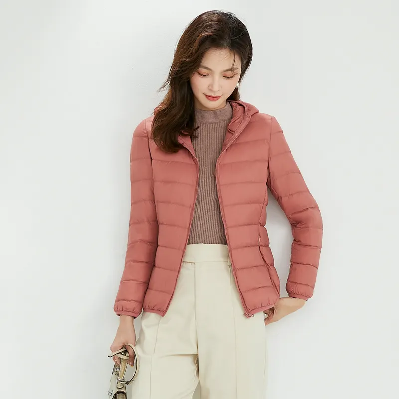 Uveng 2024 New Down Jacket Female Light Short Hooded Korean Version Large Size Slim Warm White Duck Down Pure Color Coat Tide