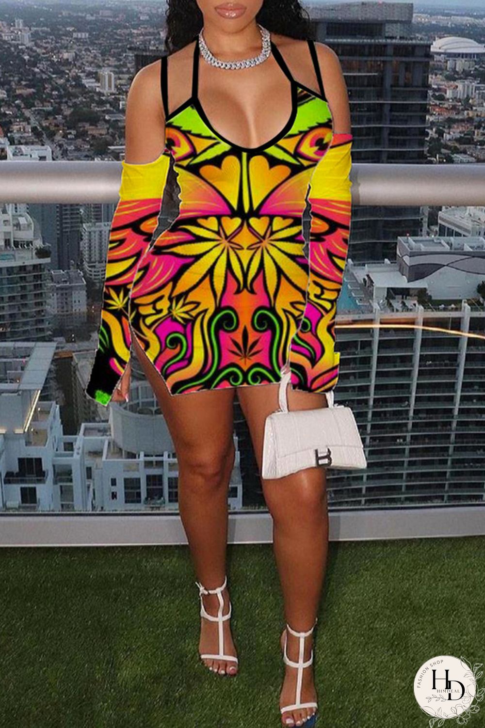 Yellow Fashion Sexy Print Slit Spaghetti Strap Long Sleeve Dresses