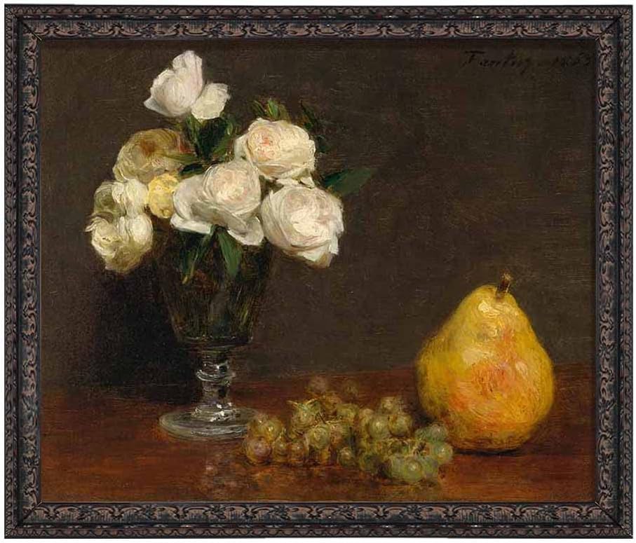 NBKJCO Still Life with Roses and Fruit Painting Poster for Bathroom Art Reproduction, Canvas Prints Picture Canvas Wall Art for Living Room Decor Black Frame,40x48cm,16 inch x19 inch  C-Black